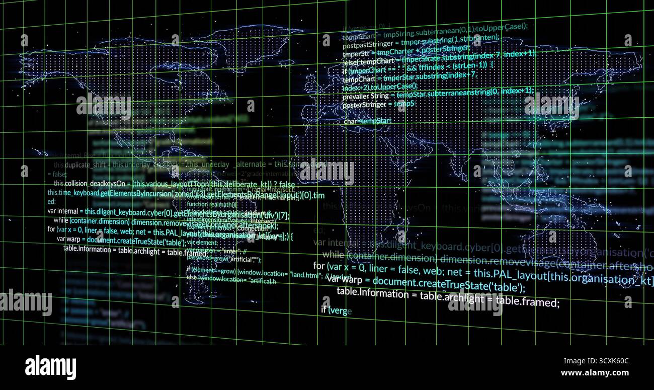 Displaying dotted world map outline with glowing nodes and code snippets over neon grid interface Stock Photo