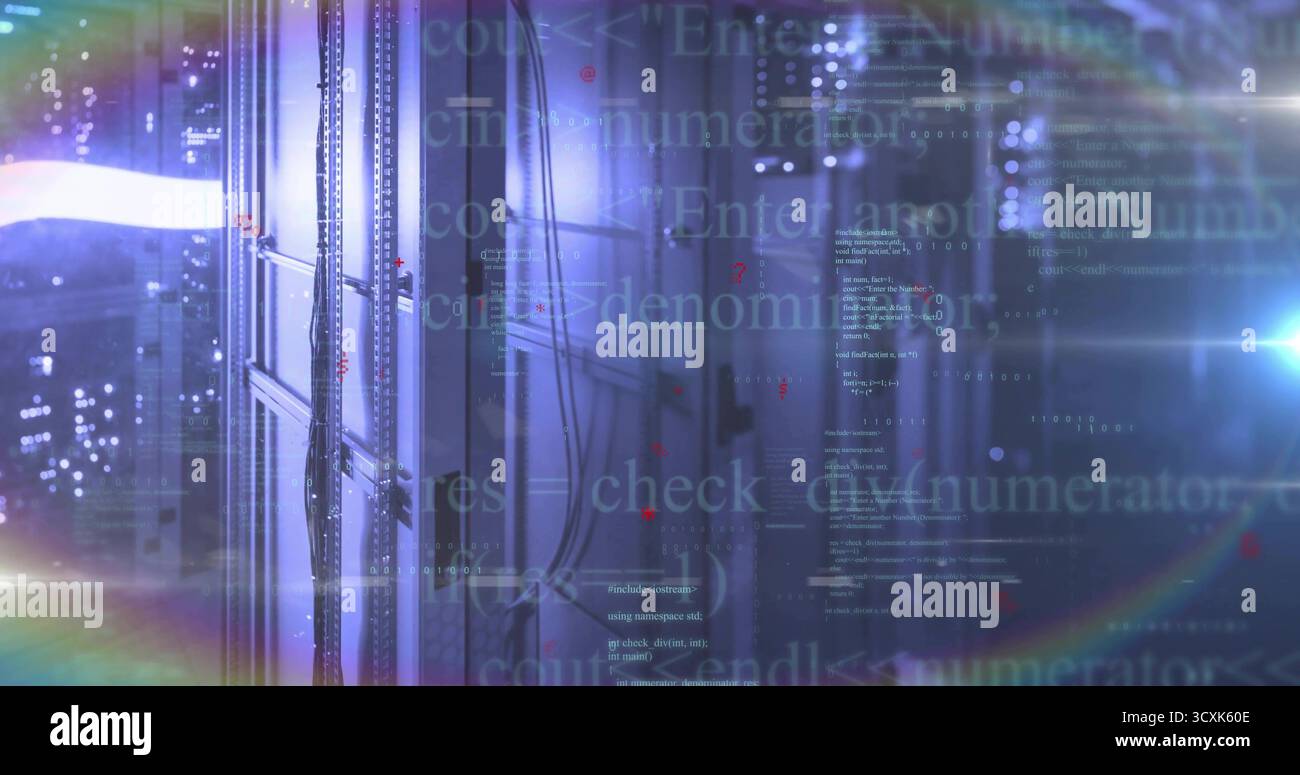 Casting glow server rack shimmering in data center corridor, with network cables and code overlay Stock Photo