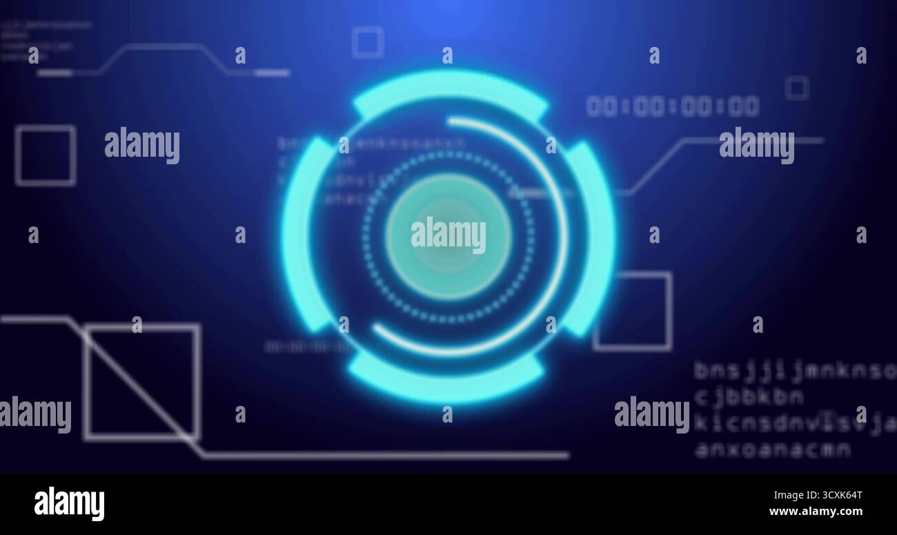 Displaying glowing circular HUD interface in digital environment, including timer, code snippets Stock Photo