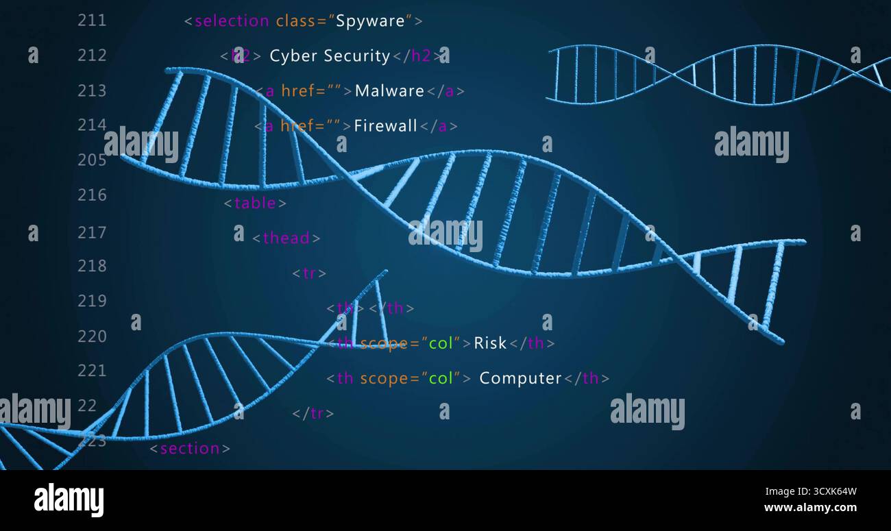 Spanning light-blue DNA helix models across digital gradient canvas, with HTML code snippets Stock Photo