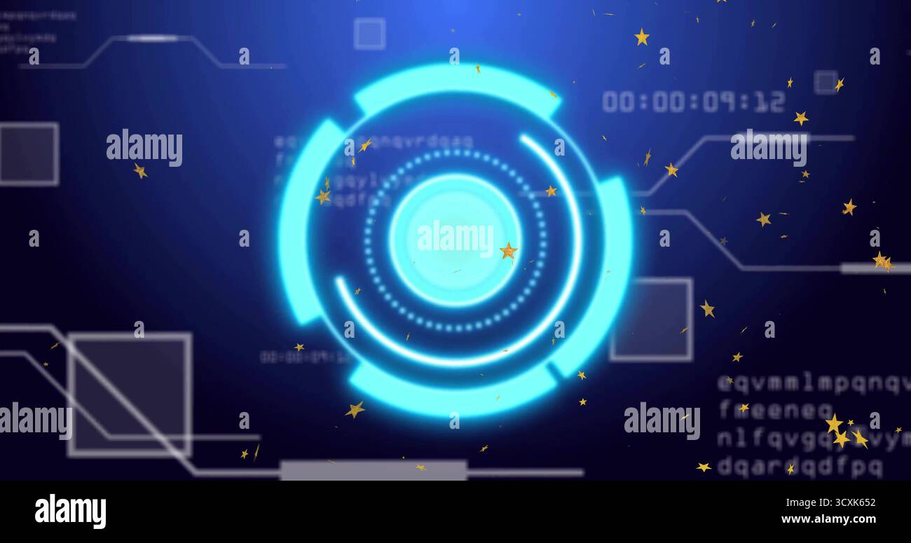 Displaying neon-blue HUD ring rotating on blue backdrop, showing stars, timer, UI outlines, code Stock Photo