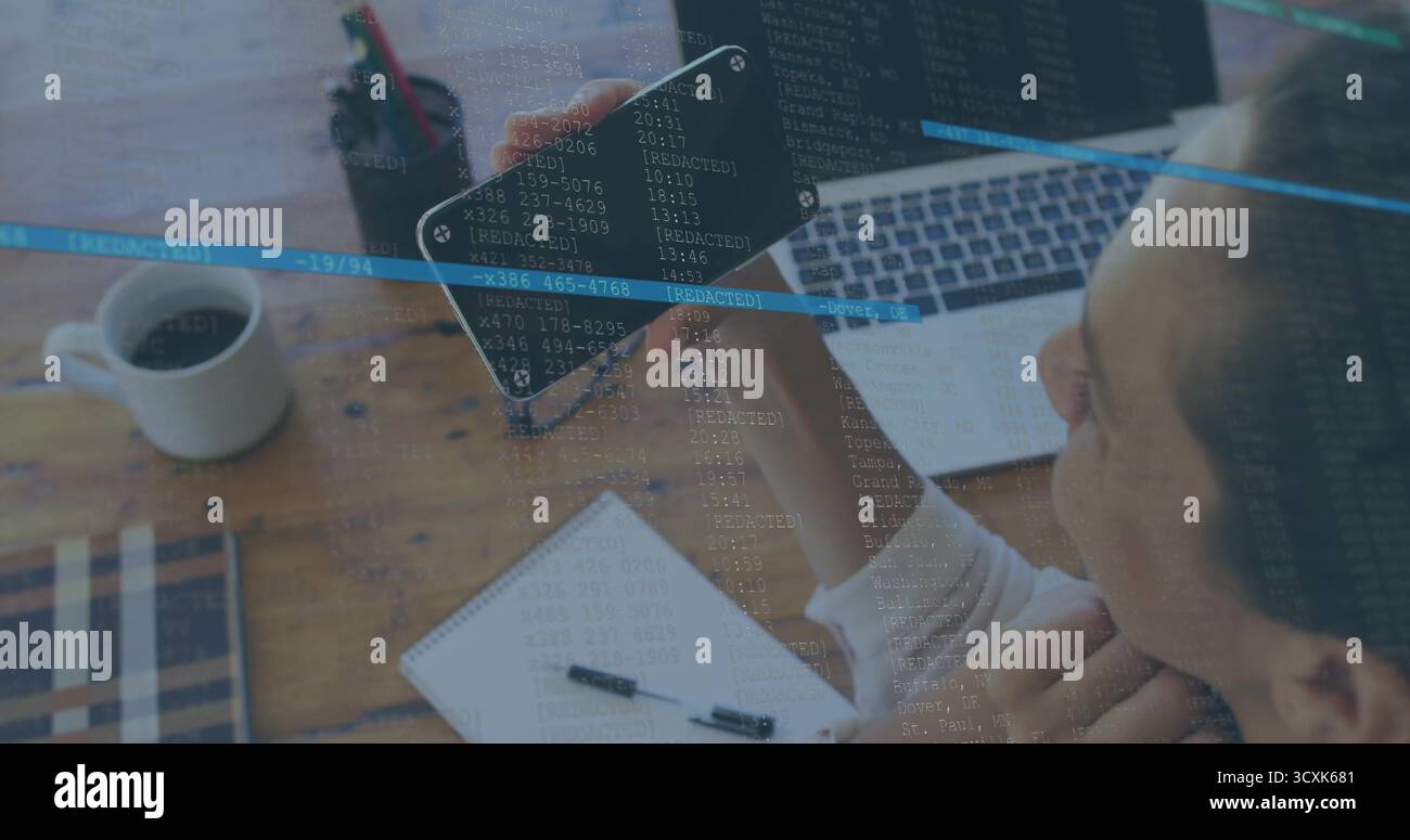 Developer examining code on smartphone by laptop on home office desk with code overlay, copy space Stock Photo