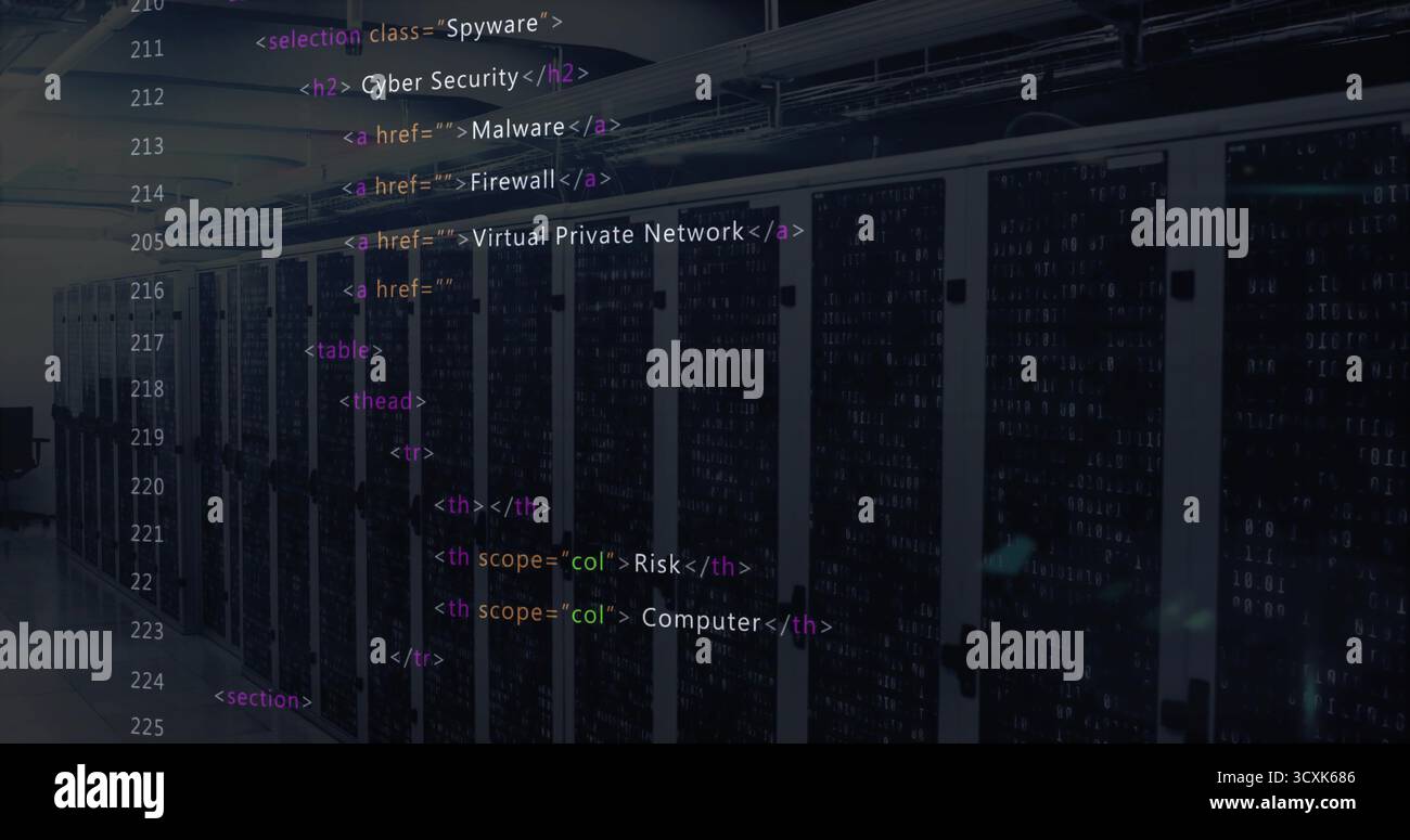 Displaying HTML code overlay floating across data center corridor, with black server racks Stock Photo