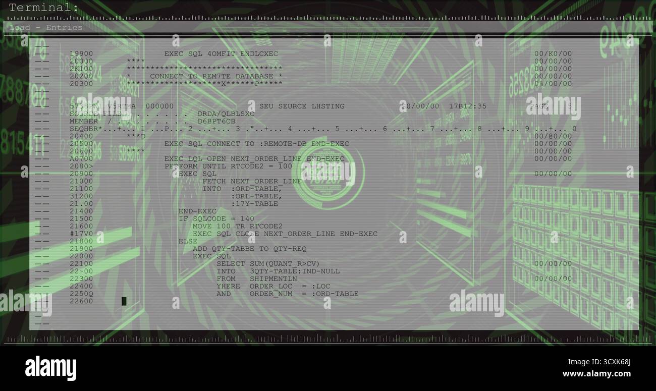 Displaying terminal window showing SQL code in green wireframe tunnel, with floating numeric panels Stock Photo