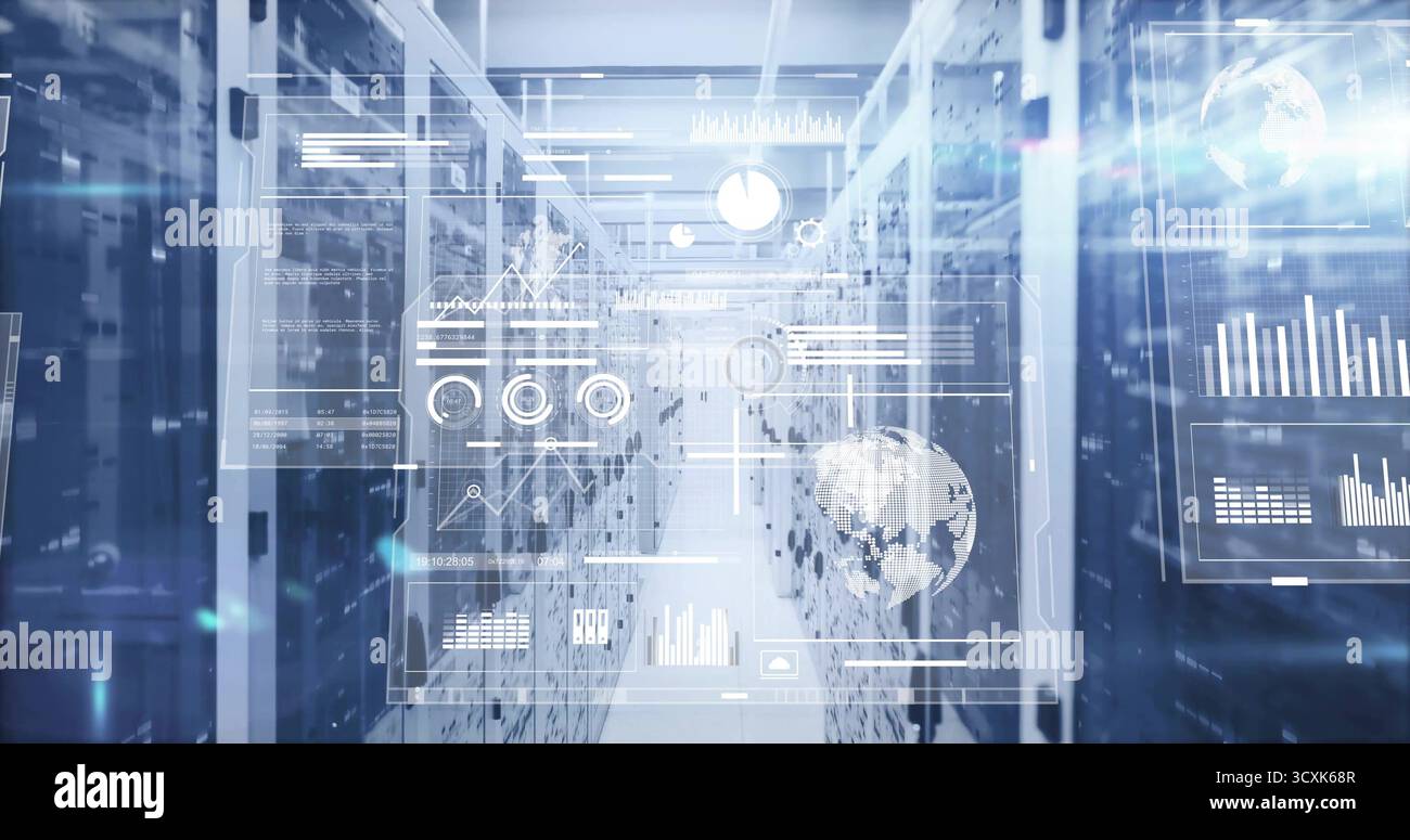 Displaying rack lined corridor featuring LED indicators in data center, with digital analytics Stock Photo