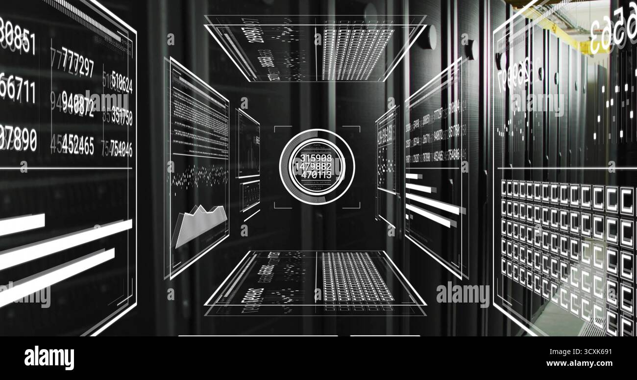 Holographic panels displaying data charts in server corridor with server racks and network cables Stock Photo