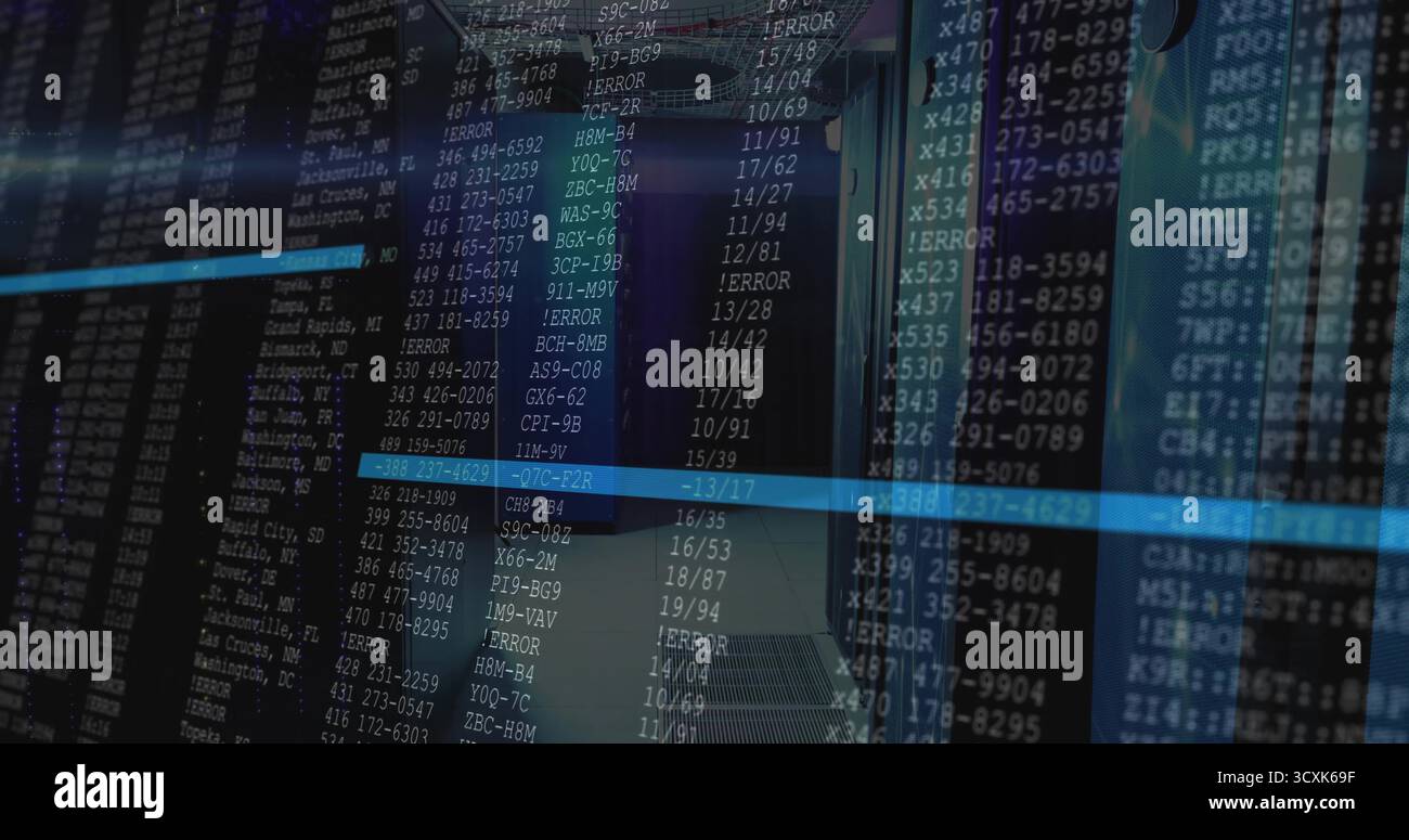 Extending central server racks lining data center corridor, with superimposed code overlay Stock Photo