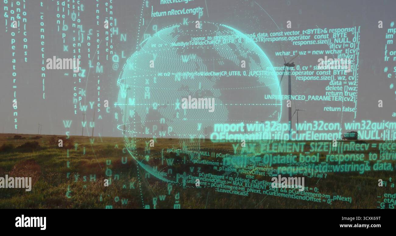 Floating semi-transparent wireframe globe hovering over grassy meadow, with neon-green code streams Stock Photo