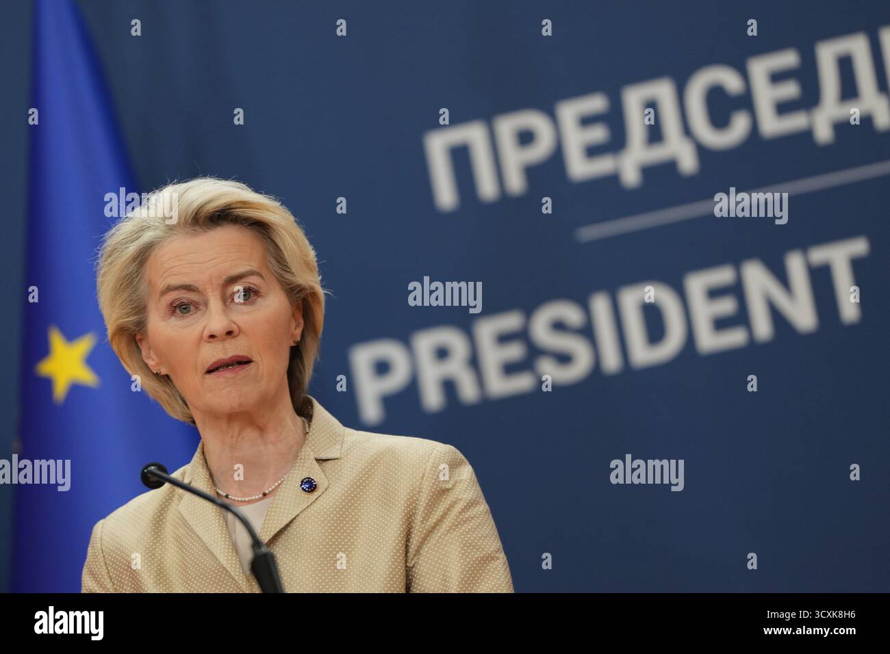 European Commission President Ursula von der Leyen speaks to the media ...