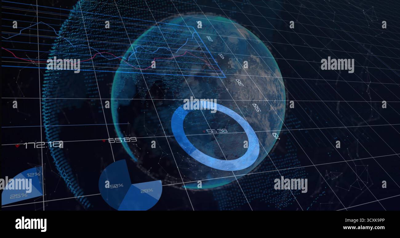 Displaying 3D globe in data display with grid overlay, ring or pie charts, line graphs, numeric labe Stock Photo