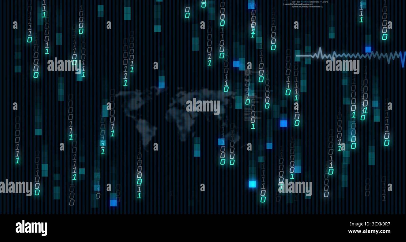 Cascading binary digits streaming over interface, map silhouette, glowing pixels, pulse waveform Stock Photo