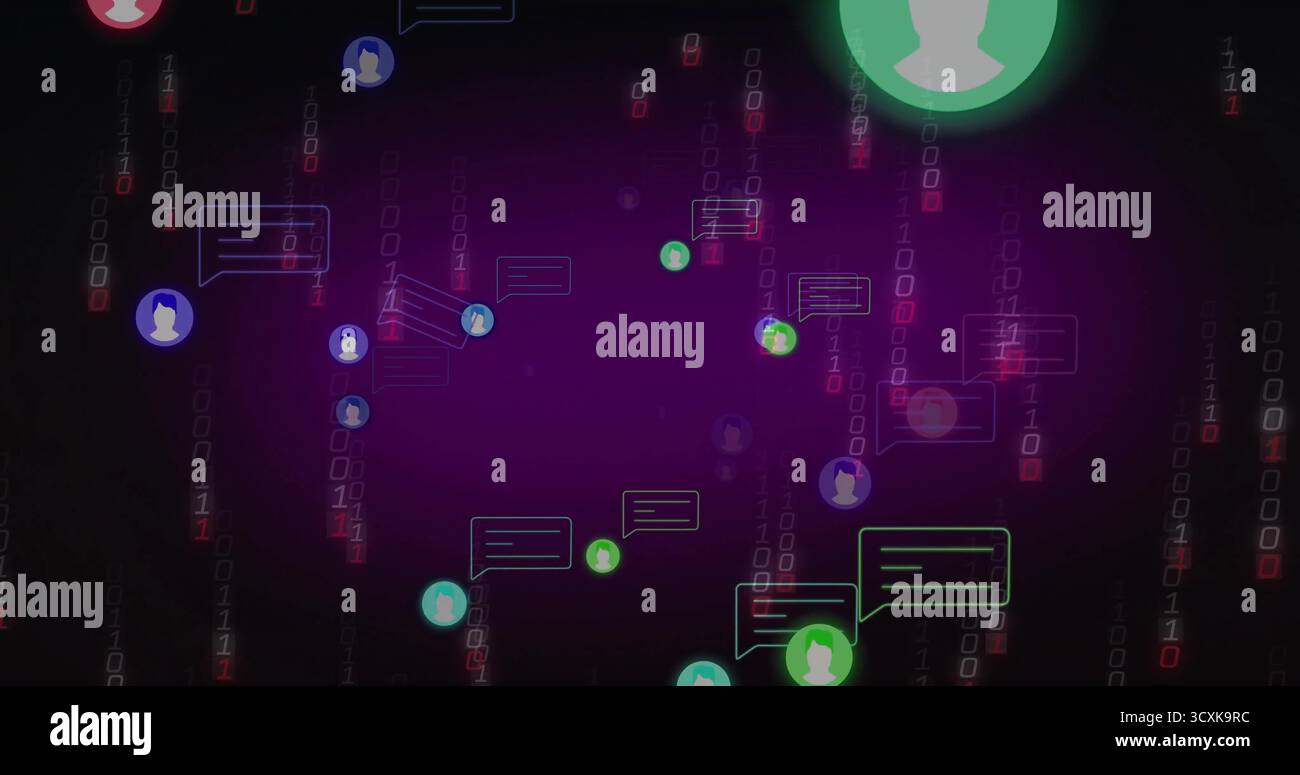 Floating user avatars and chat bubbles hovering in interface, with binary code streams Stock Photo