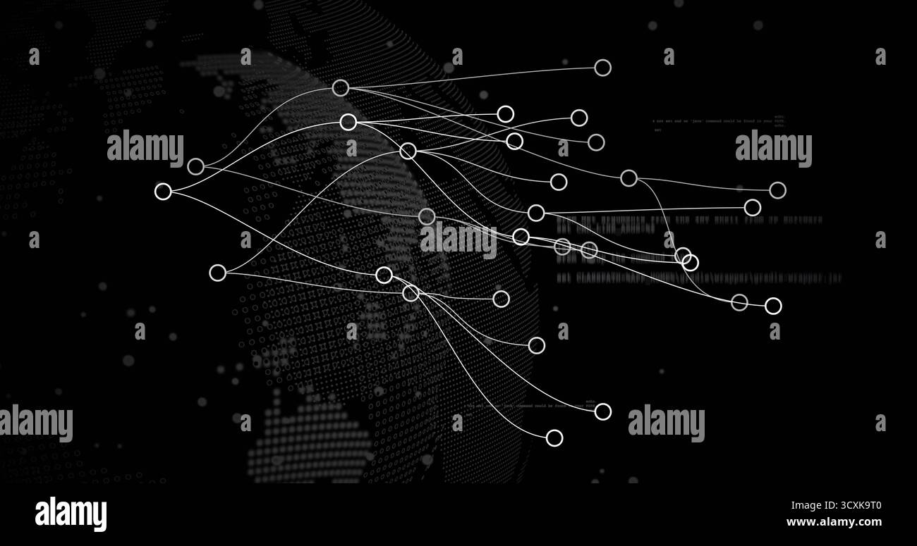 Displaying digital network at virtual interface, featuring dotted globe, white nodes, curved lines Stock Photo