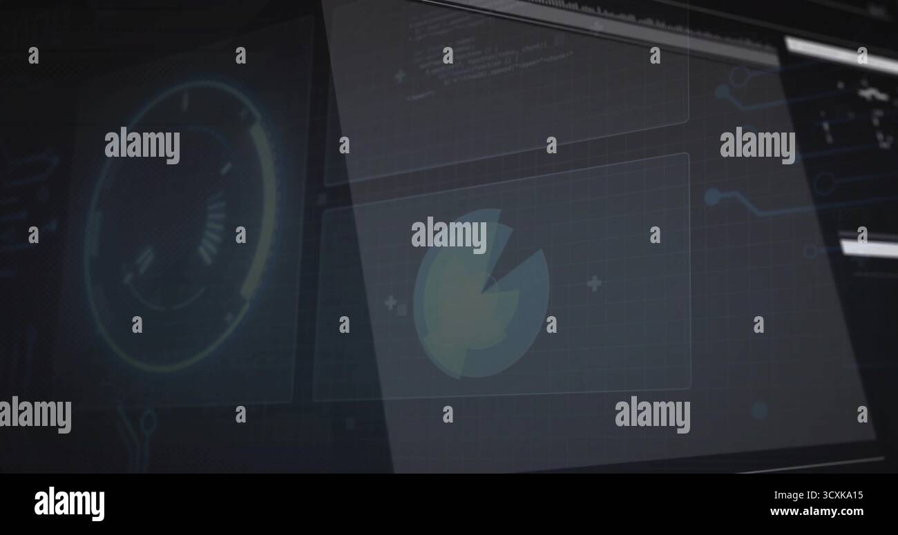 Displaying circular gauge on angled screens in control room, pie-chart, code overlay, copy space Stock Photo