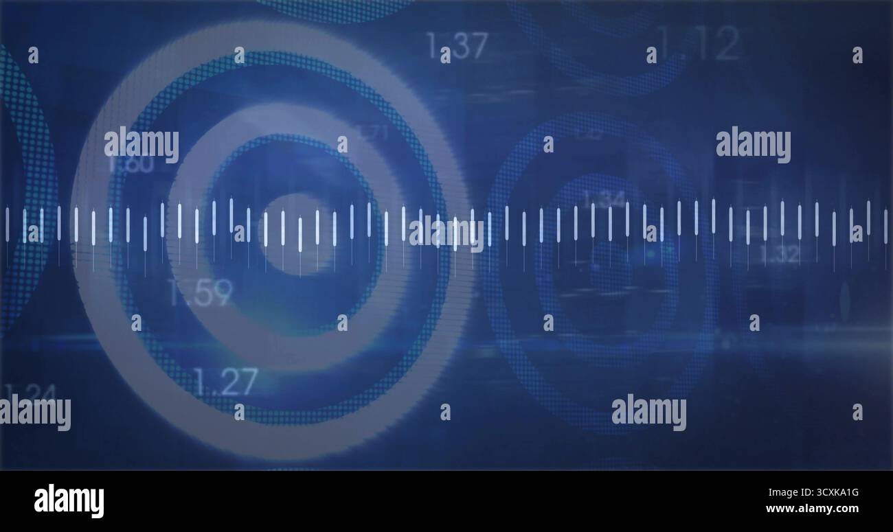 Displaying white bar with ticks spanning dark blue interface, with circle overlays, numeric labels Stock Photo