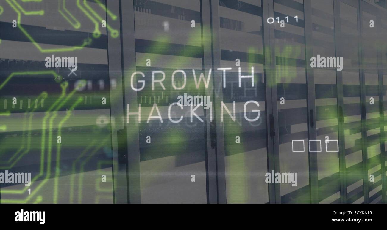 Projecting GROWTH HACKING text floating across server corridor, with racks and binary digits Stock Photo