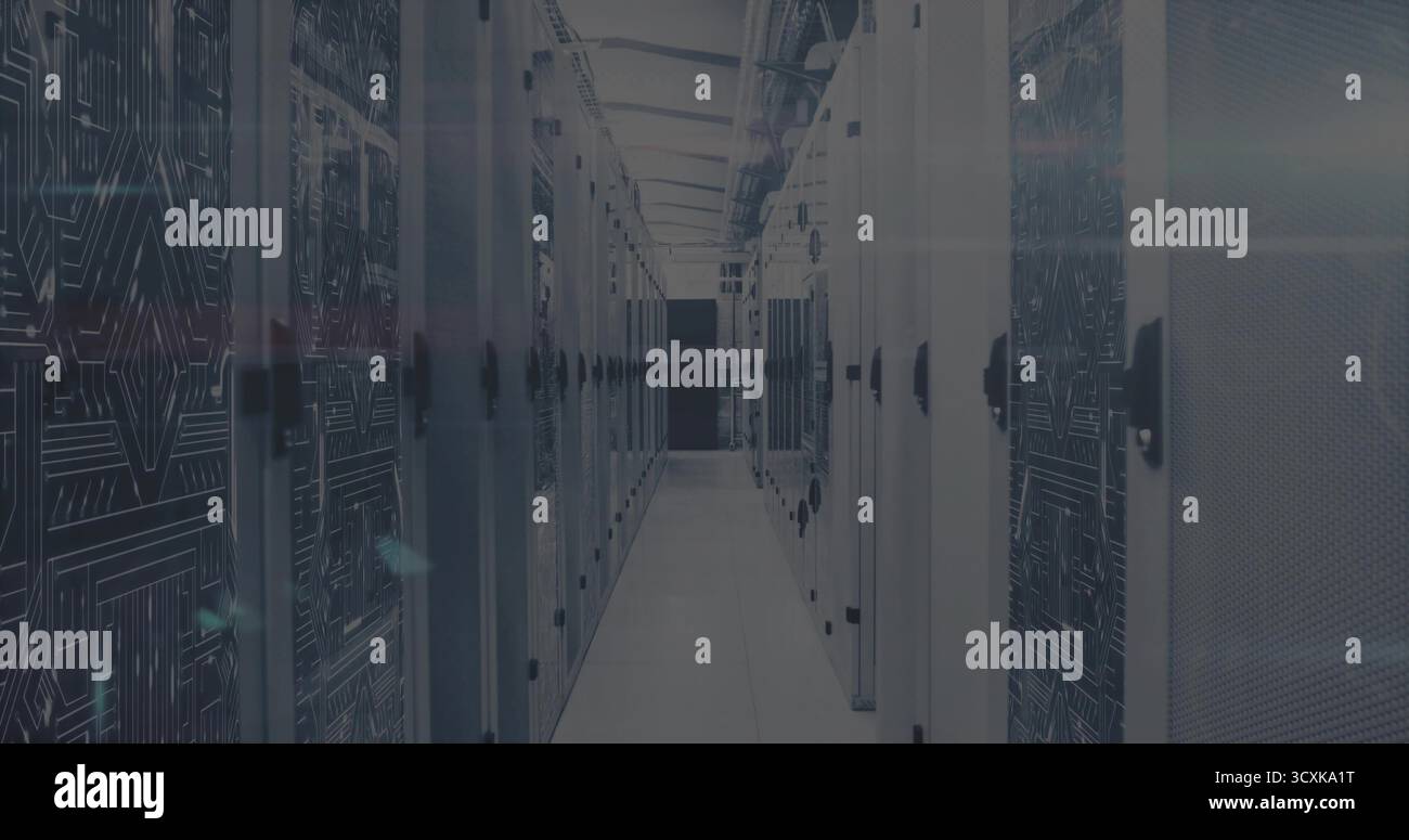 Displaying server room corridor running between server cabinets with patch cables and glowing LEDs Stock Photo