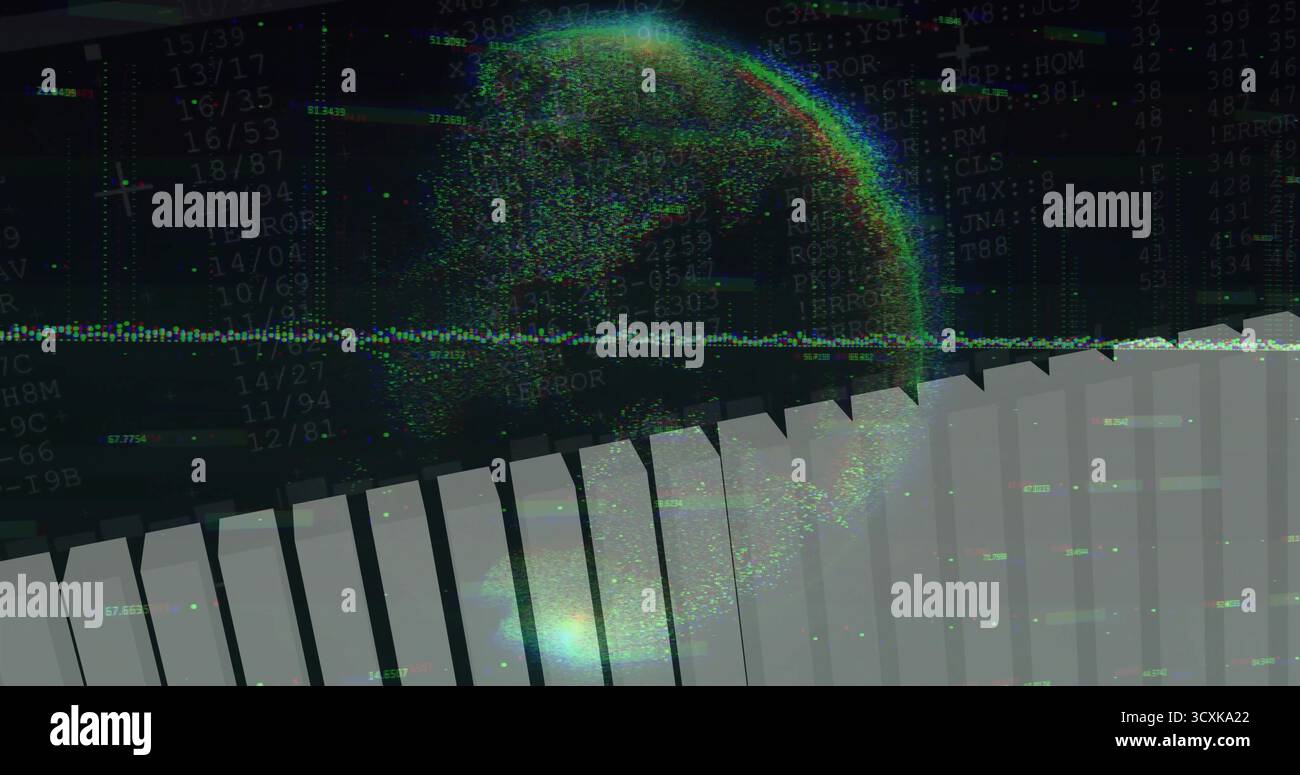 Displaying central point-cloud globe on interface with numeric overlay, waveform, bar chart Stock Photo