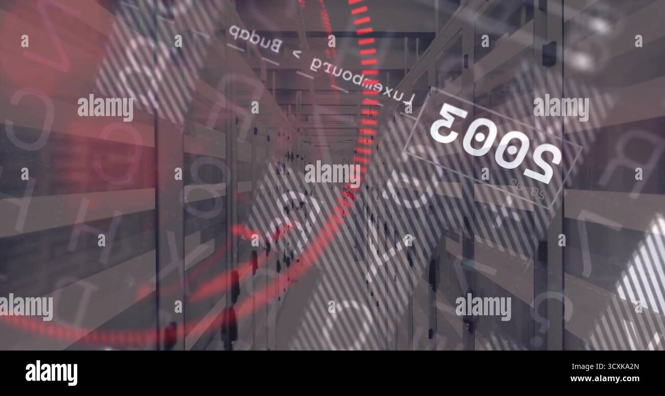 Showing server rack corridor in data center, displaying red data arcs and blinking LEDs Stock Photo