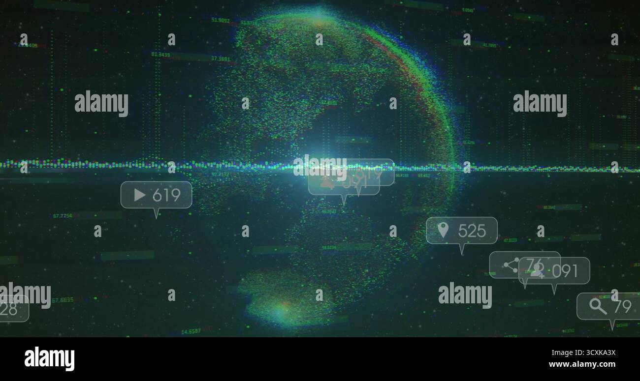 Displaying dotted globe rotating in dark tech dashboard, featuring waveform and icons with counters Stock Photo