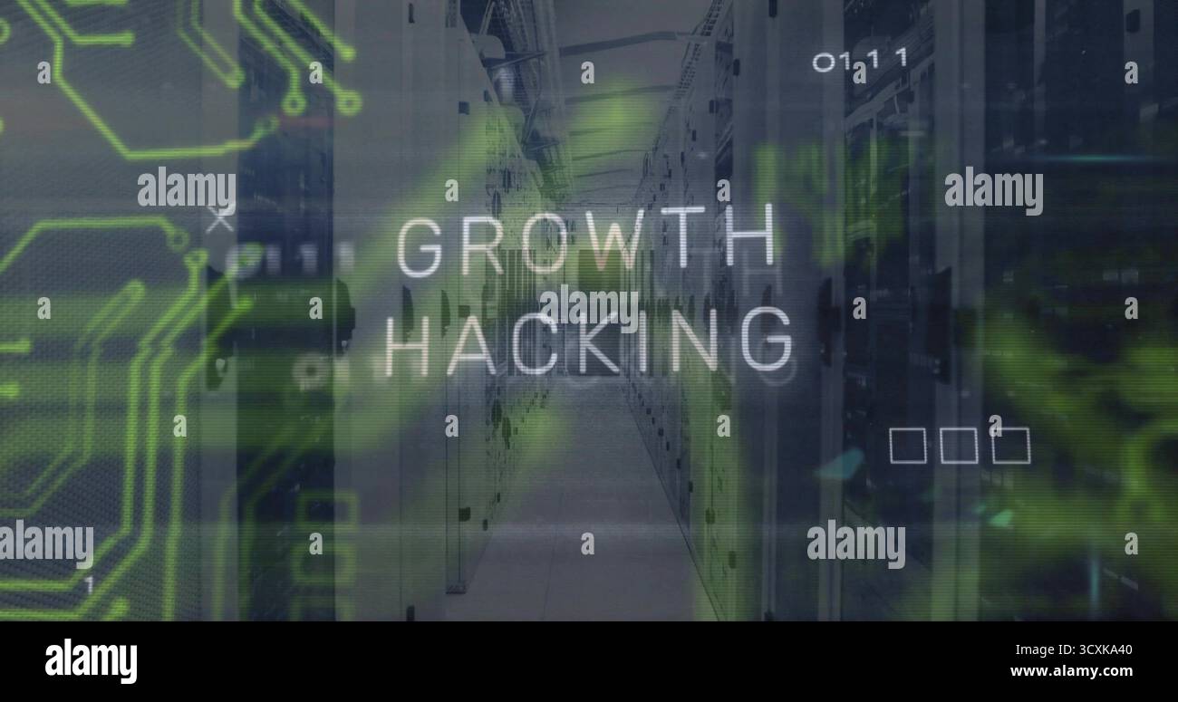 Displaying server racks in server room, with green circuit  and  code overlays, growth hacking text Stock Photo