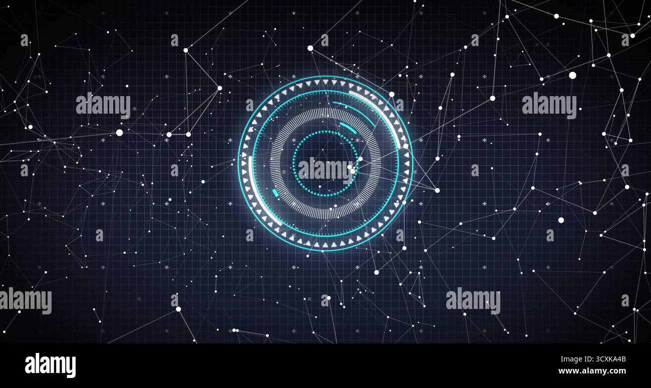 Displaying central HUD element with concentric circles over dark grid, connecting white nodes Stock Photo