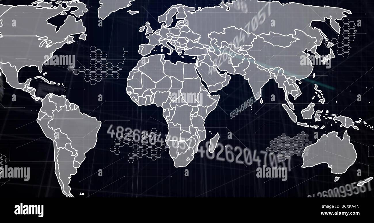 Displaying stylized world map on dark blue grid interface, with hexagon overlays and numeric codes Stock Photo
