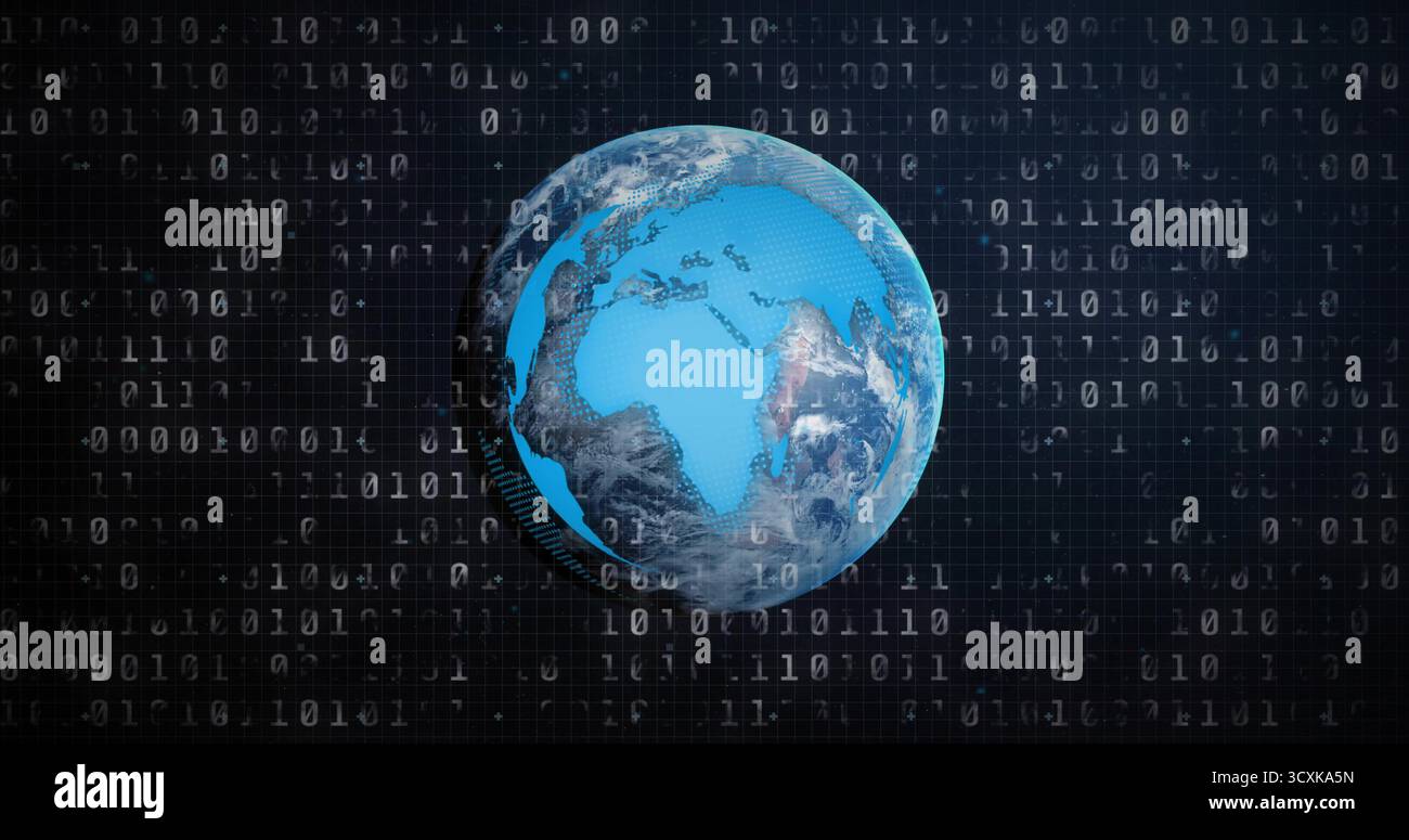 Rotating mesh overlay blue Earth globe in cyberspace, with floating binary digits and grid Stock Photo