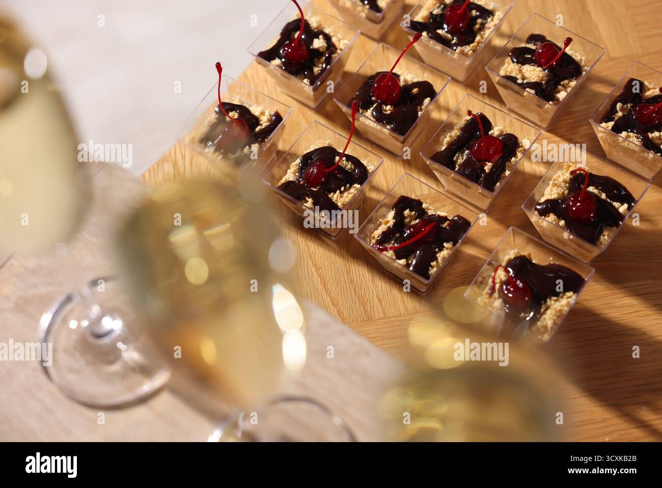 Buffet menu. Delicious desserts and drinks on table, selective focus Stock Photo