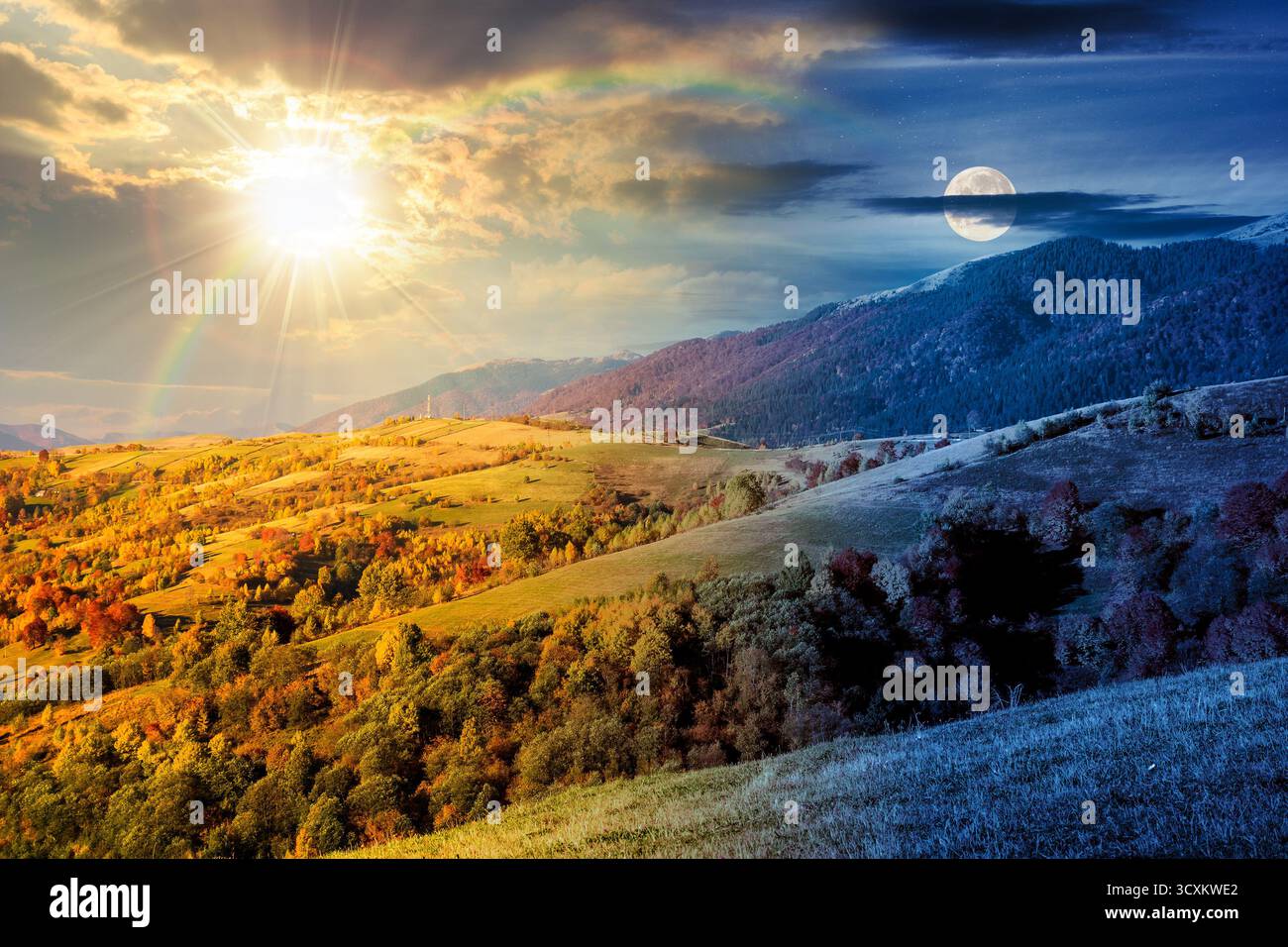 mountain landscape on autumn equinox. day and night time change concept. beautiful view with trees in colorful foliage. picturesque rural place in alp Stock Photo