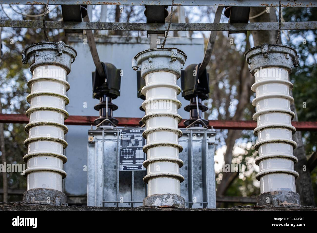 Close-up of high-voltage ceramic electrical insulators at a power ...