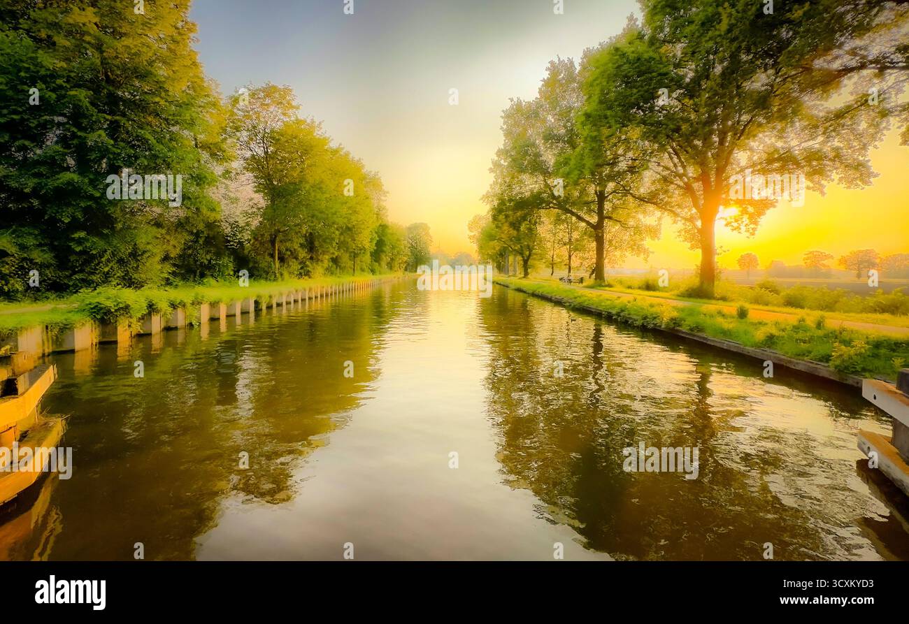 A serene river scene at sunrise, blending stunning nature with soft  reflections for a sense of peace Stock Photo - Alamy, image size:1300x893