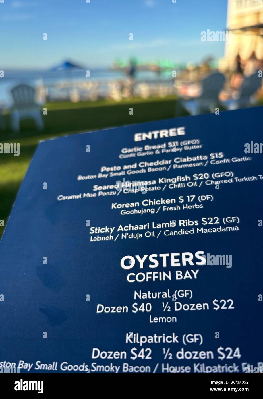 Menu of seaside restaurant on Eyre Peninsula advertising Coffin Bay oysters, South Australia. No PR - Smartphone Captured Stock Image