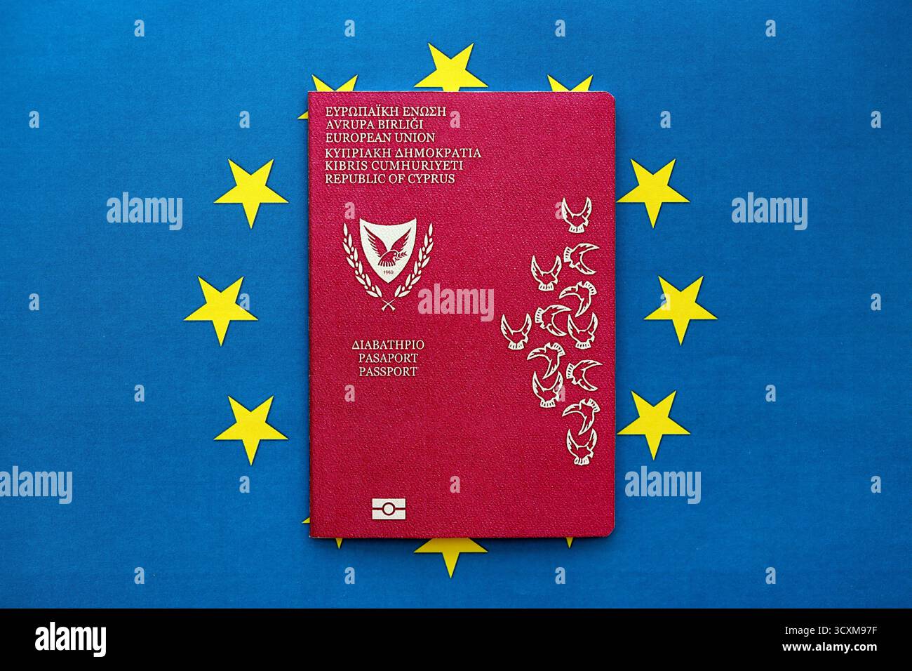 Kyprus passport on European union blue flag background close up. Citizenship in countries of Europe concept Stock Photo