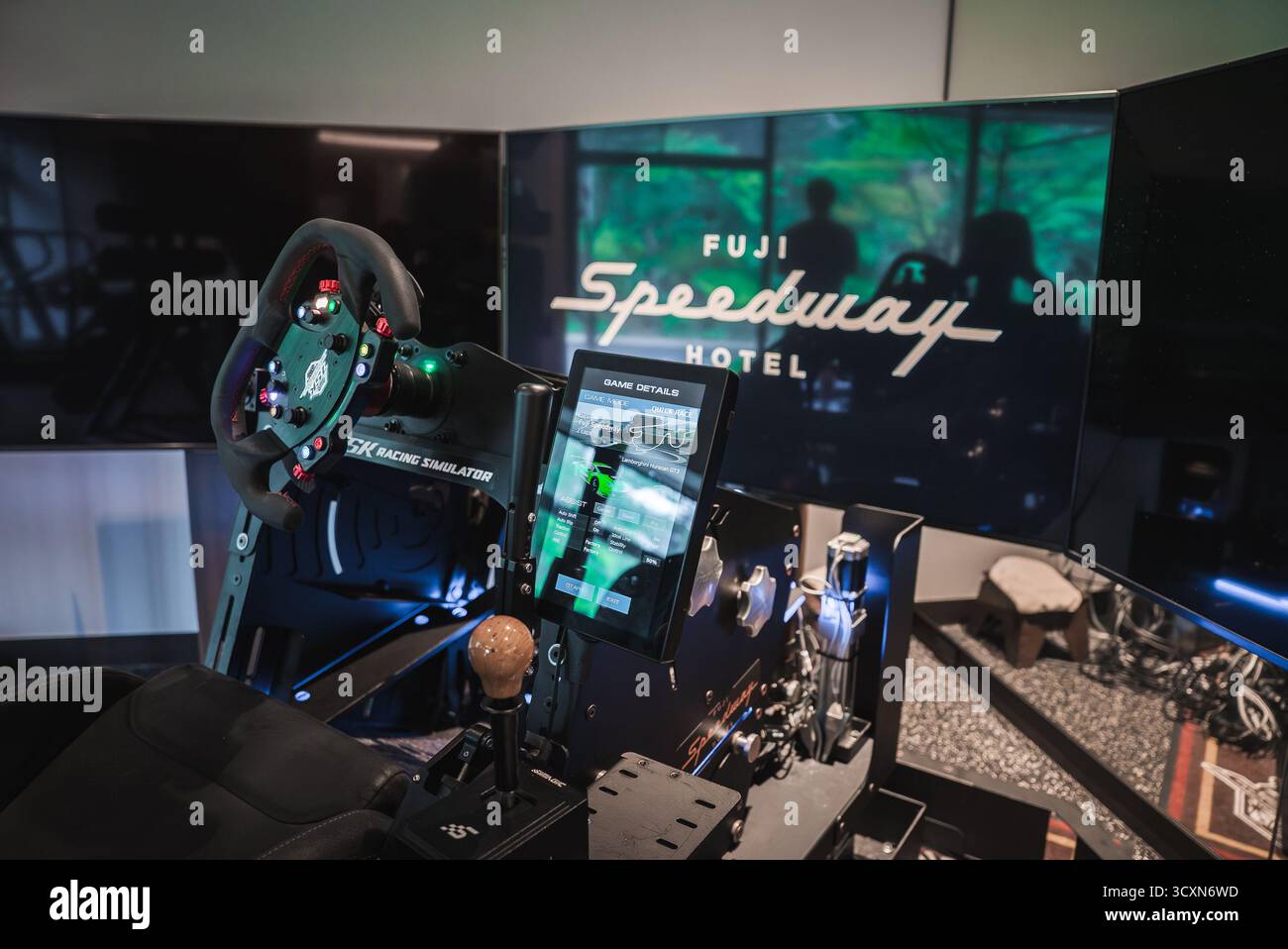 Racing simulator rig in Fuji Speedway Hotel lounge in Japan Stock Photo