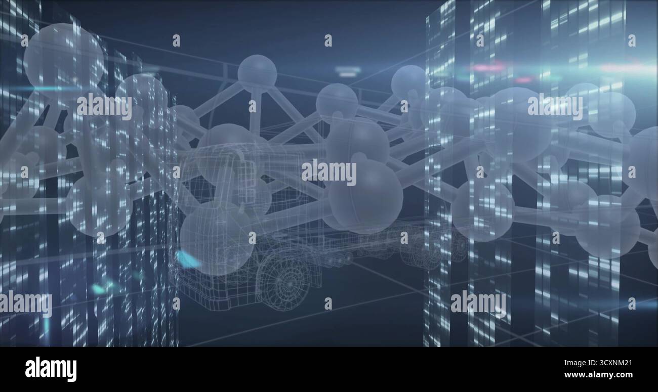 Floating wireframe truck merging into translucent molecular network in virtual space, data panels Stock Photo