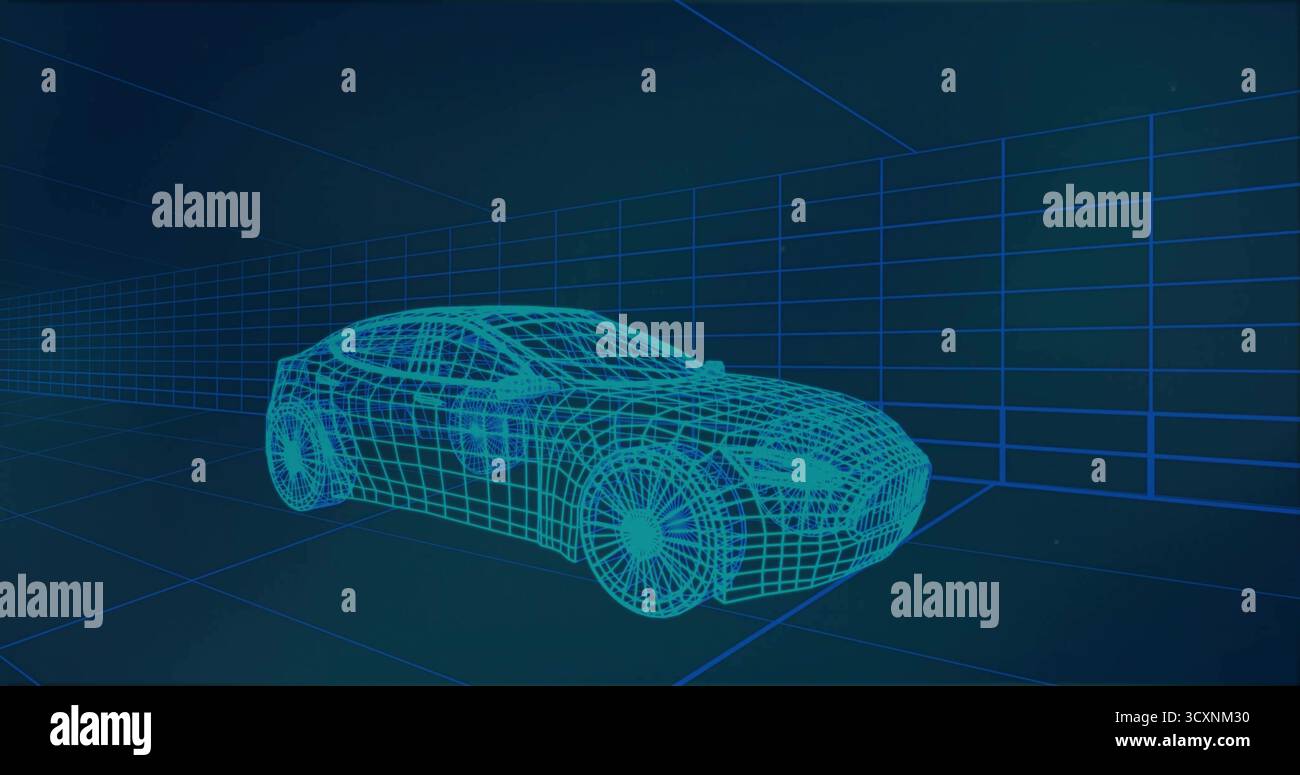Displaying digital wireframe car model in virtual 3D modeling space, with neon-blue gridlines Stock Photo