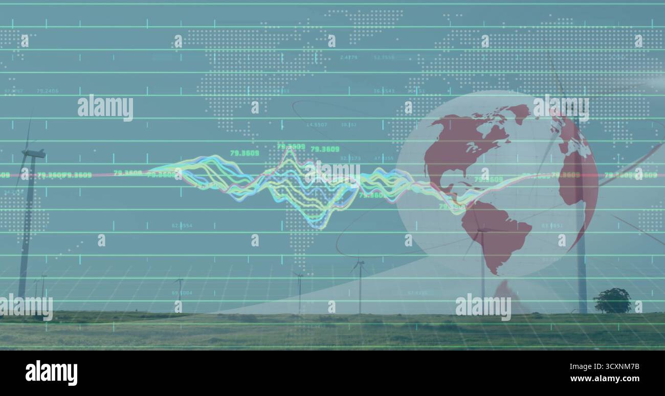 Displaying globe hovering over rural wind turbines, with grid overlay and waveform data lines Stock Photo