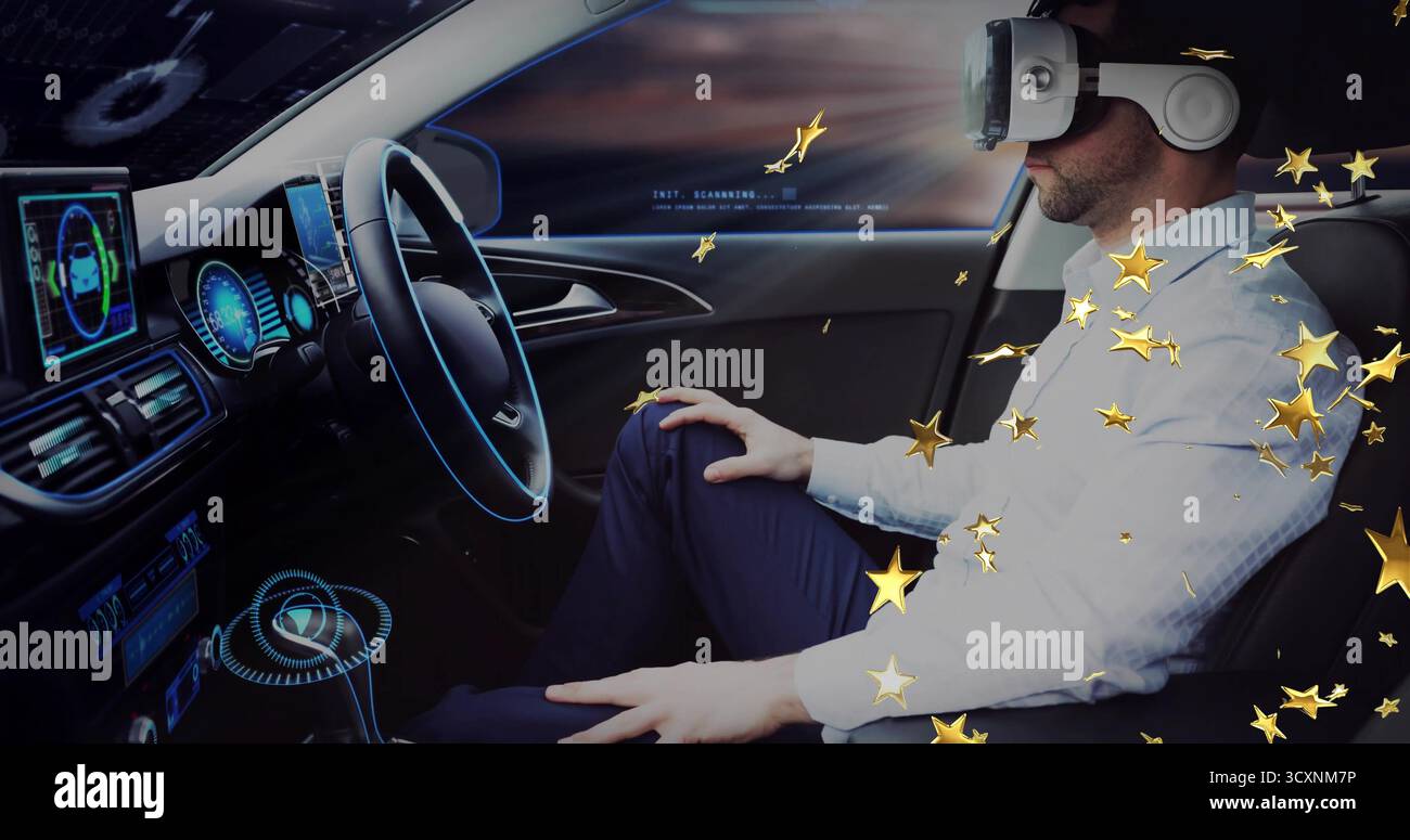 Operating driver wearing VR headset, holding steering wheel in car with holograms, copy space Stock Photo
