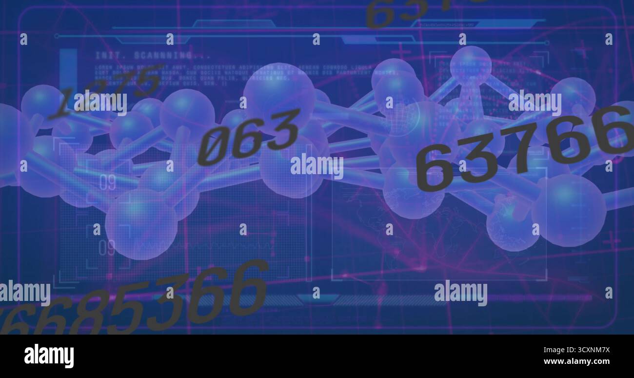 Sphere-and-rod molecular model rotating over grid in data space, with numeric codes and HUD overlay Stock Photo