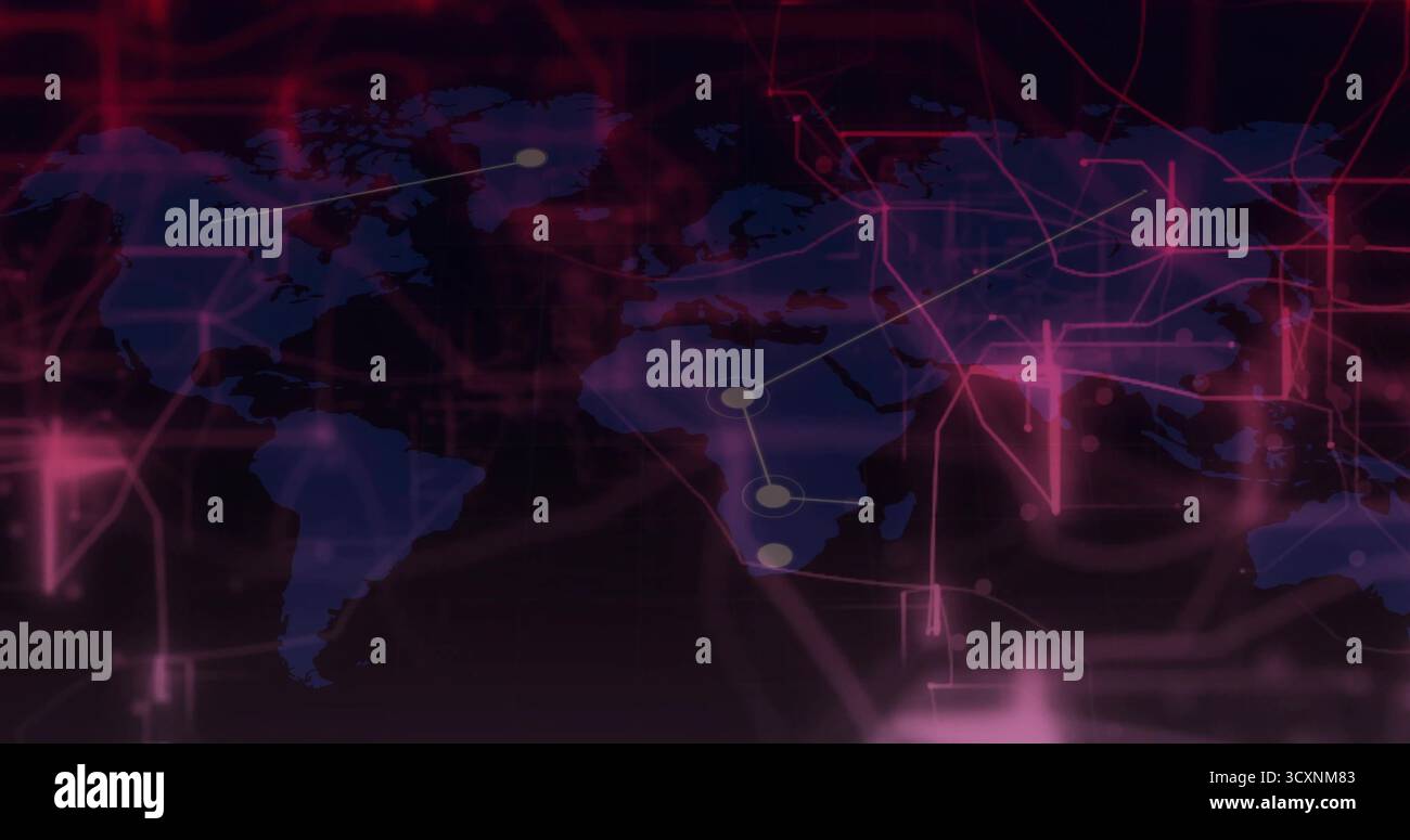 Digital world map featuring neon pink network lines and pulsating nodes in network interface Stock Photo