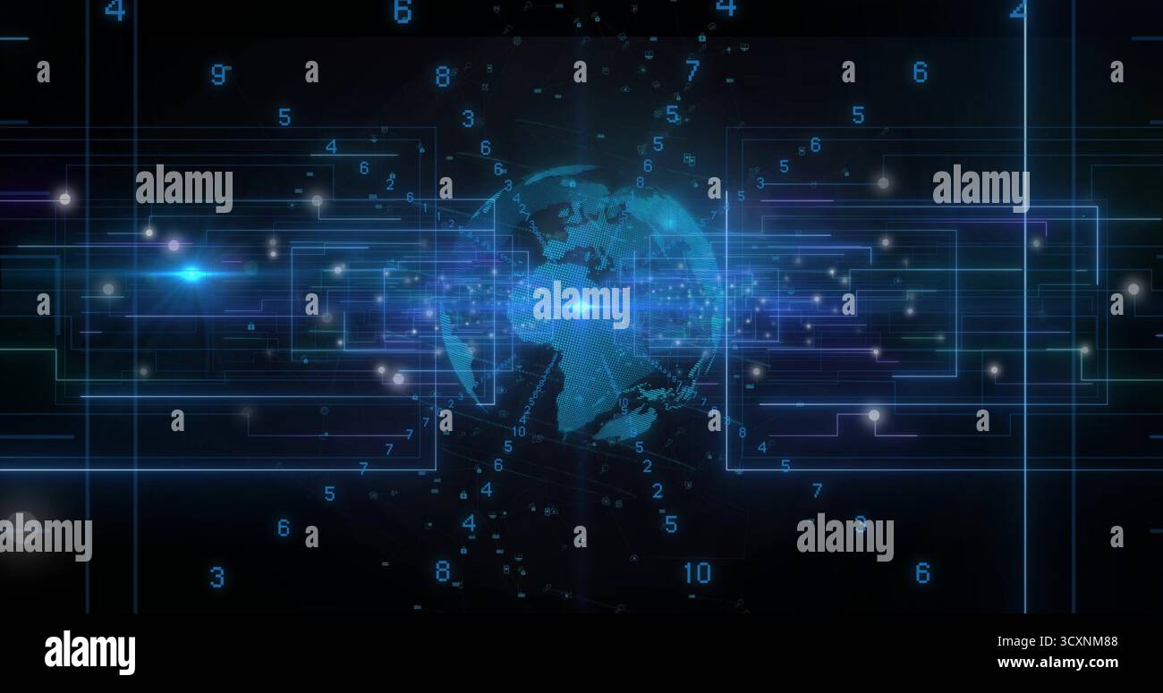 Pulsating wireframe Earth globe rotating within cyberspace, featuring neon circuitry, digits, nodes Stock Photo