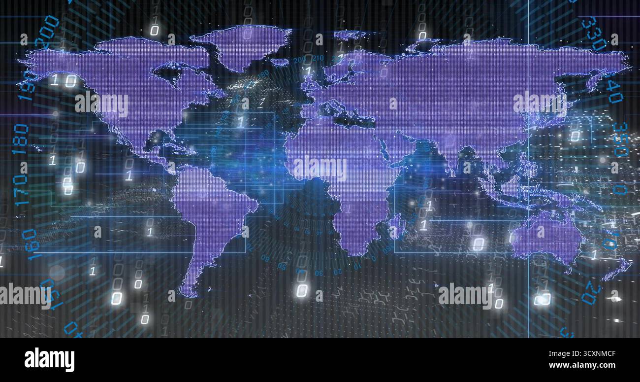 Displaying purple world map on digital grid, streaming binary digits and floating numeric overlays Stock Photo