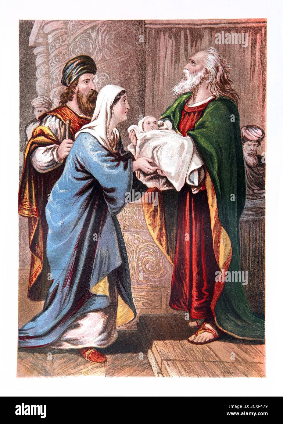 Illustration of The Presentation of the Baby Jesus to Simeon at The Temple of Jerusalem (Luke ) with Virgin Mary and Joseph from 19th Century The Self Stock Photo