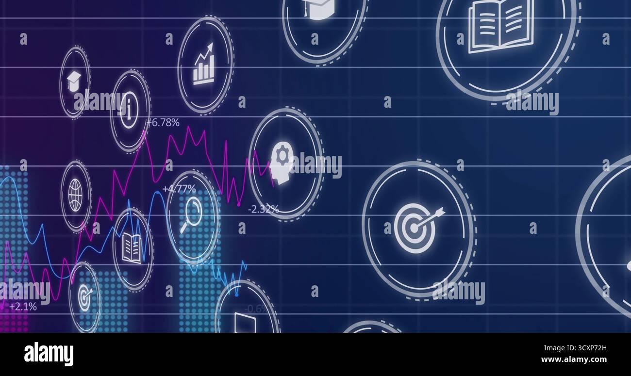 Displaying visualization in dashboard with interface icons, world map and pink, blue line graphs Stock Photo