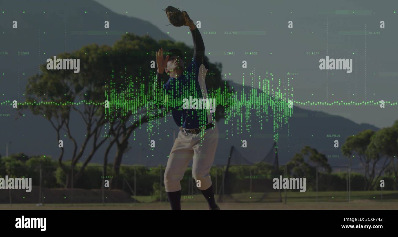 Leaping baseball player reaching with glove catching ball in outfield, digital waveform overlay Stock Photo
