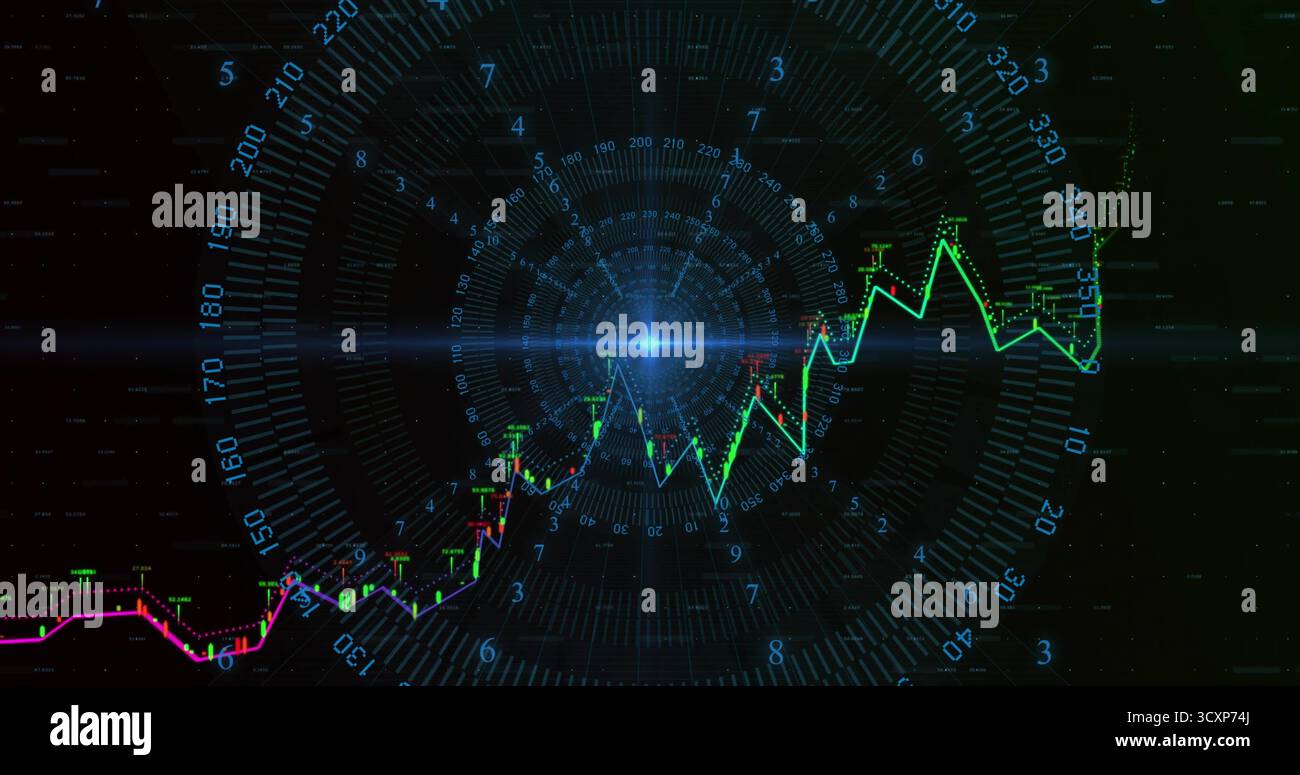 Displaying fluctuating line graph and candlesticks on dashboard with radial degree grid, blue node Stock Photo