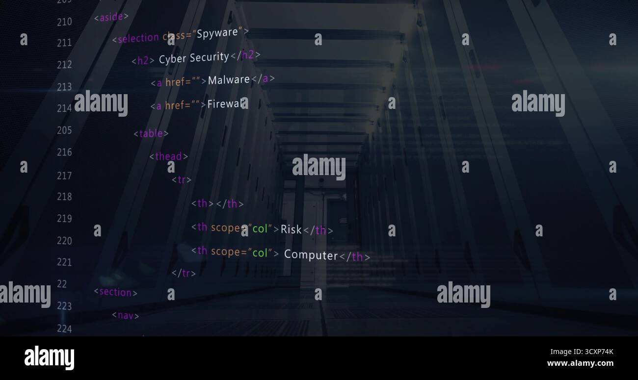 Displaying semi-transparent HTML code overlaying dimly lit data center ...