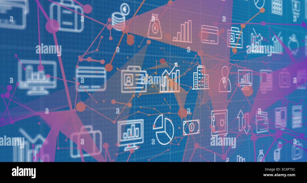Displaying network nodes on blue grid interface, featuring white financial and analytics icons Stock Photo