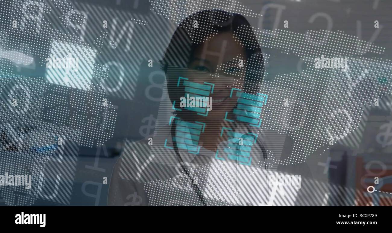 Standing analyst wearing lab coat analyzing holographic interface in data lab, with code panels Stock Photo